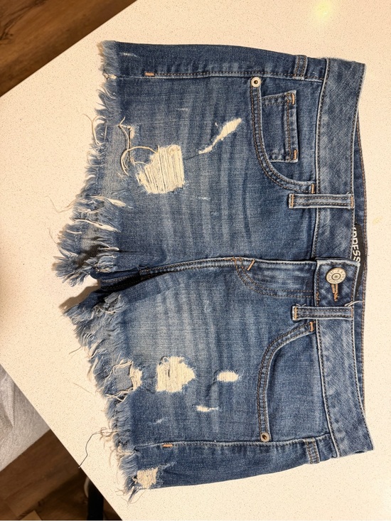 Express Pants - Express Distressed Frayed Hem Denim Shorts - Blue